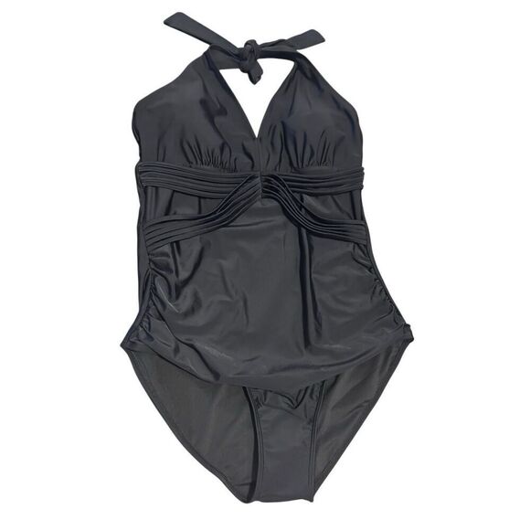 Smismivo Black Size L Tummy Control Ruched Swimwear Halter One Piece Swimsuit Ba - Picture 1 of 10